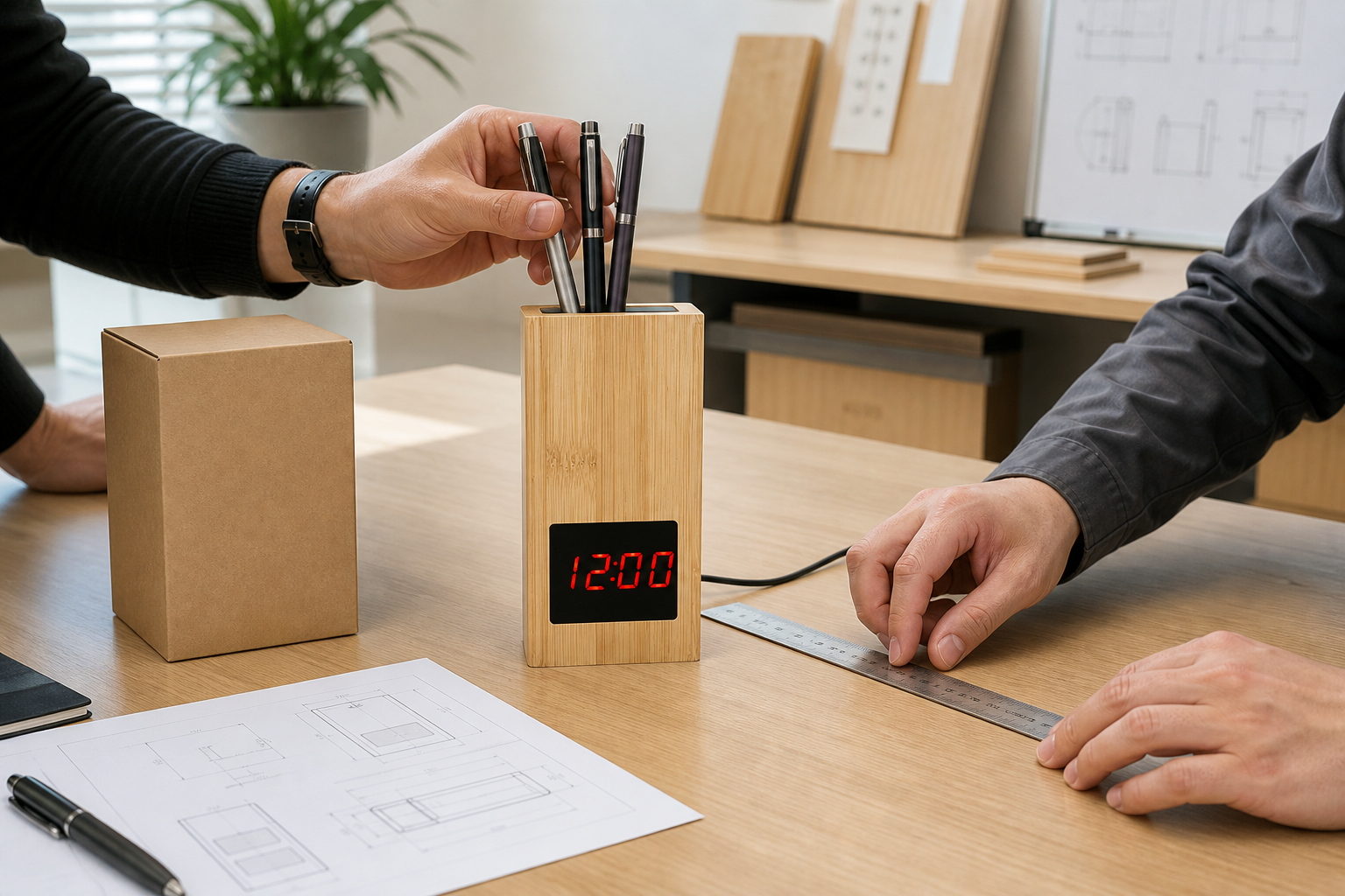 OEM team loading pens and measuring the desk footprint of a 2020S vertical bamboo pen holder clock sample
