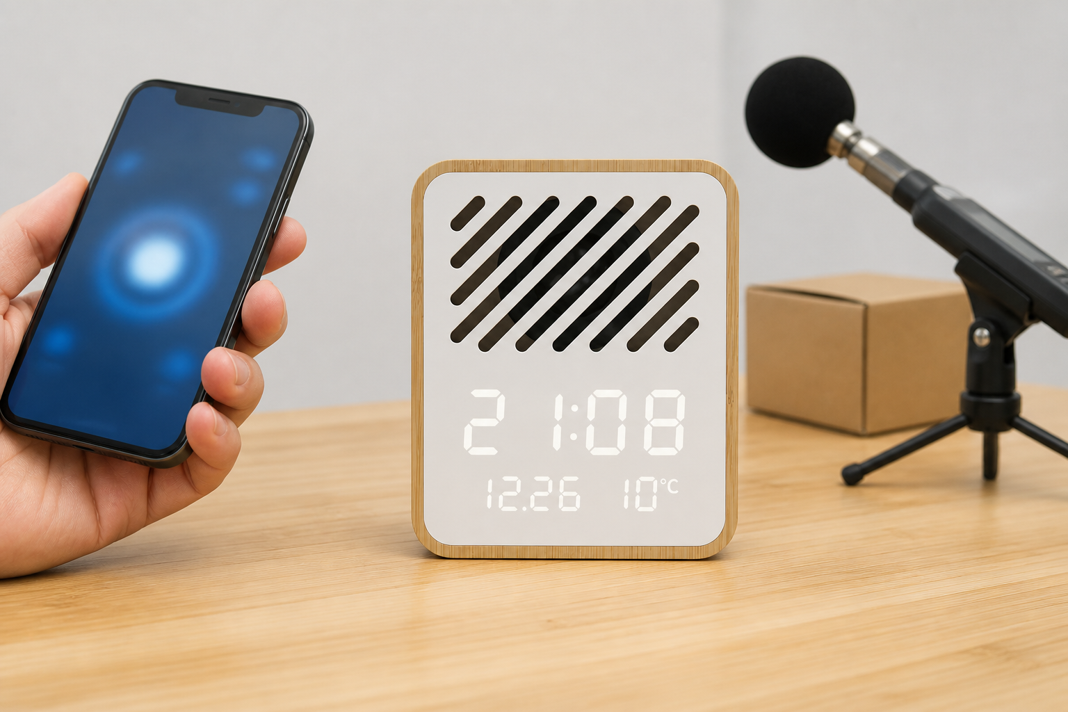 Single Y130-1 bamboo Bluetooth speaker alarm clock beside an abstract phone connection screen and audio test microphone