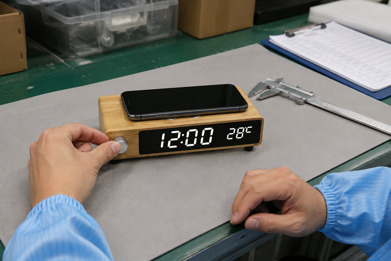 Inspector checking the side metal knob of one W106 bamboo wireless charging clock on a factory quality-control table