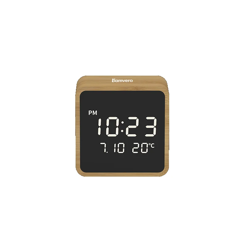 Compact bamboo digital clock with mirrored LED display
